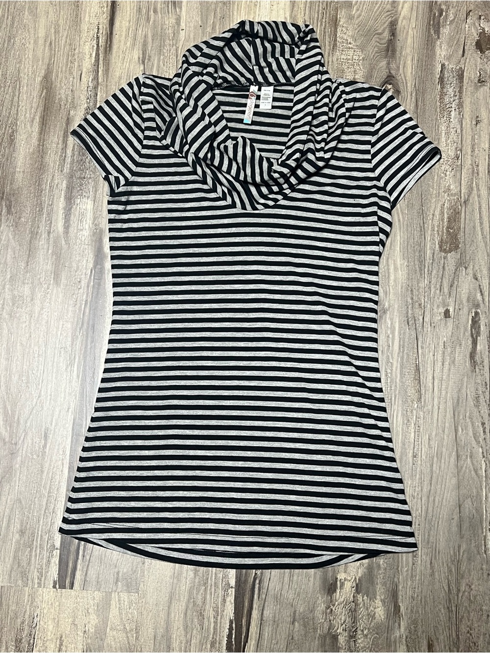 6 Degrees Striped Cowl Neck Tunic Top Small Black Grey